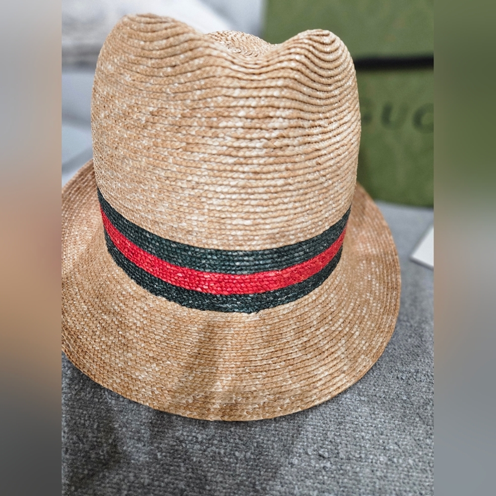 Gucci Trilby Straw Hat with Red and Green Stripe Size M EUC COMES W/ TAGS& BOX - Picture 13 of 16
